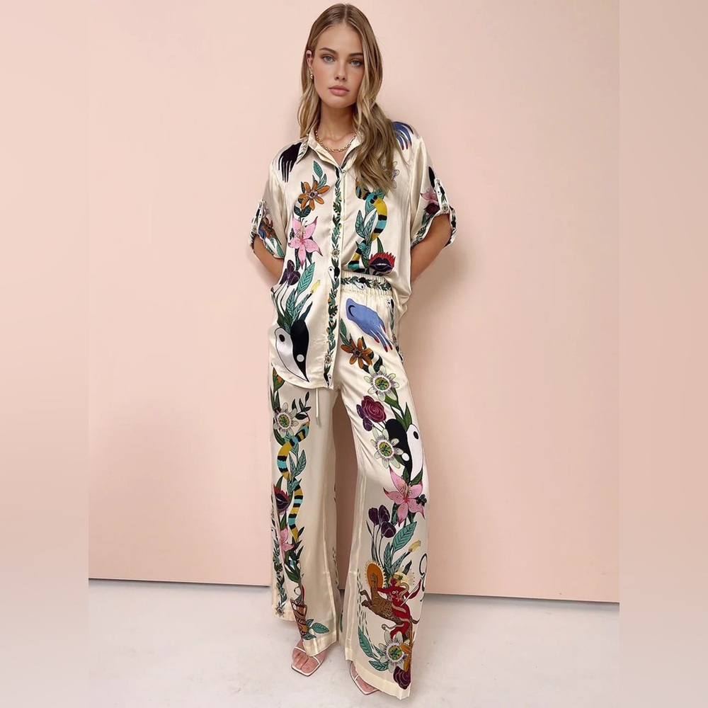 Commense Co-ord Two Piece Printed Satin Shirt Pant Set